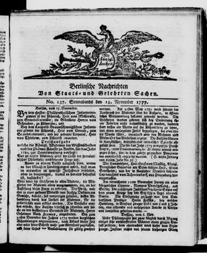 Berlinische Nachrichten von Staats- und gelehrten Sachen vom 15.11.1777