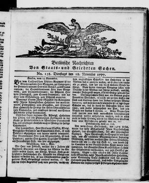 Berlinische Nachrichten von Staats- und gelehrten Sachen vom 18.11.1777