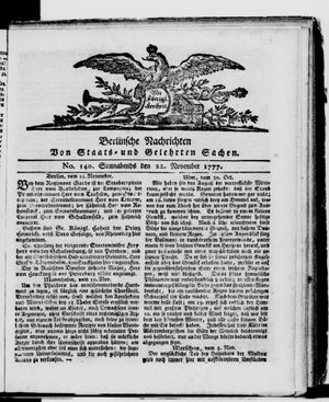 Berlinische Nachrichten von Staats- und gelehrten Sachen vom 22.11.1777