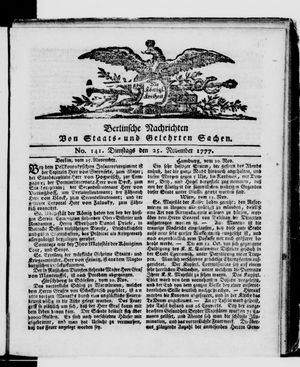 Berlinische Nachrichten von Staats- und gelehrten Sachen vom 25.11.1777