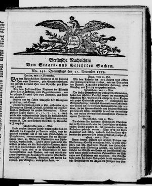 Berlinische Nachrichten von Staats- und gelehrten Sachen vom 27.11.1777