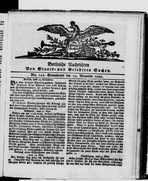 Berlinische Nachrichten von Staats- und gelehrten Sachen vom 29.11.1777