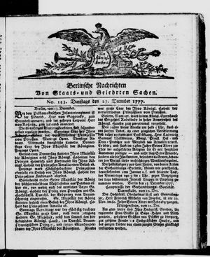 Berlinische Nachrichten von Staats- und gelehrten Sachen vom 23.12.1777