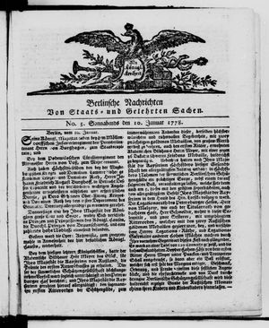 Berlinische Nachrichten von Staats- und gelehrten Sachen vom 10.01.1778