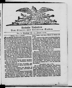 Berlinische Nachrichten von Staats- und gelehrten Sachen vom 13.01.1778