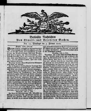 Berlinische Nachrichten von Staats- und gelehrten Sachen on Feb 3, 1778