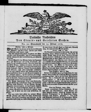 Berlinische Nachrichten von Staats- und gelehrten Sachen vom 14.02.1778