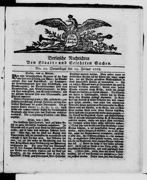 Berlinische Nachrichten von Staats- und gelehrten Sachen vom 19.02.1778