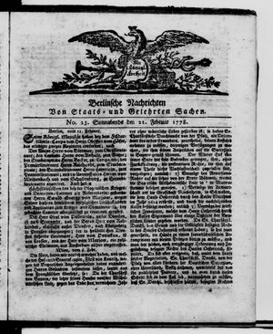 Berlinische Nachrichten von Staats- und gelehrten Sachen vom 21.02.1778