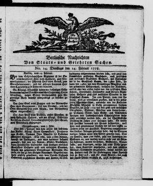Berlinische Nachrichten von Staats- und gelehrten Sachen vom 24.02.1778