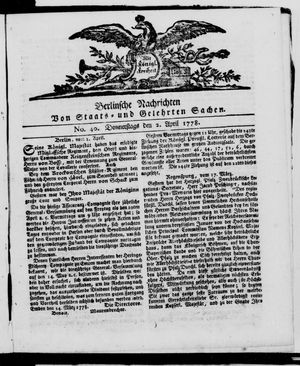 Berlinische Nachrichten von Staats- und gelehrten Sachen on Apr 2, 1778