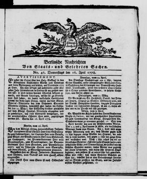 Berlinische Nachrichten von Staats- und gelehrten Sachen vom 16.04.1778