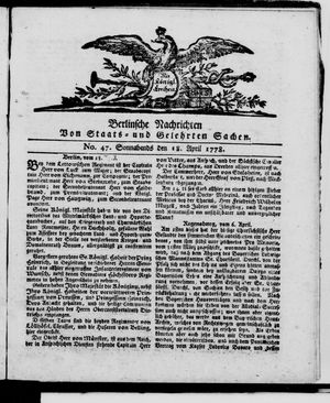 Berlinische Nachrichten von Staats- und gelehrten Sachen vom 18.04.1778
