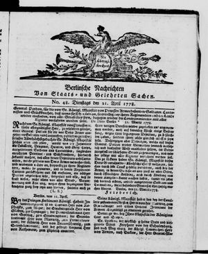 Berlinische Nachrichten von Staats- und gelehrten Sachen vom 21.04.1778