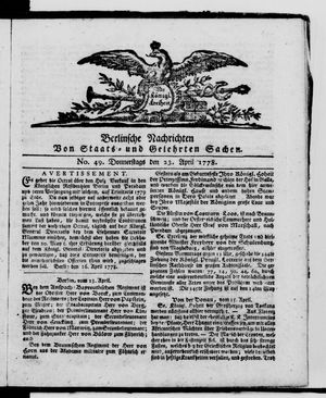 Berlinische Nachrichten von Staats- und gelehrten Sachen vom 23.04.1778