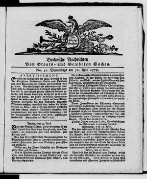 Berlinische Nachrichten von Staats- und gelehrten Sachen vom 30.04.1778