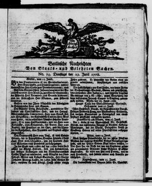 Berlinische Nachrichten von Staats- und gelehrten Sachen vom 23.06.1778