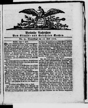 Berlinische Nachrichten von Staats- und gelehrten Sachen vom 16.07.1778