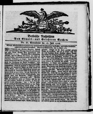 Berlinische Nachrichten von Staats- und gelehrten Sachen vom 18.07.1778