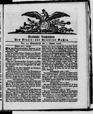 Berlinische Nachrichten von Staats- und gelehrten Sachen vom 01.08.1778