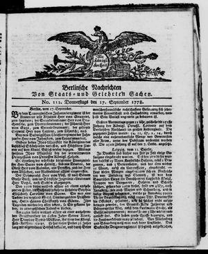 Berlinische Nachrichten von Staats- und gelehrten Sachen vom 17.09.1778