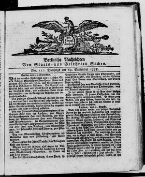 Berlinische Nachrichten von Staats- und gelehrten Sachen vom 29.09.1778