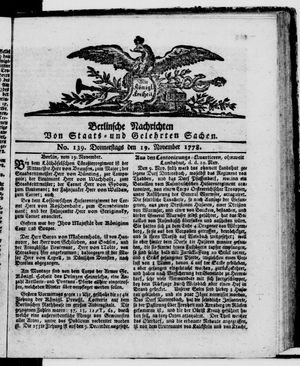 Berlinische Nachrichten von Staats- und gelehrten Sachen on Nov 19, 1778