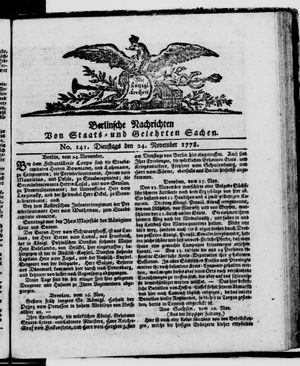 Berlinische Nachrichten von Staats- und gelehrten Sachen on Nov 24, 1778