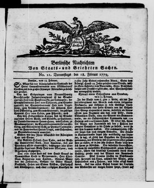 Berlinische Nachrichten von Staats- und gelehrten Sachen vom 18.02.1779