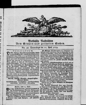 Berlinische Nachrichten von Staats- und gelehrten Sachen vom 22.04.1779