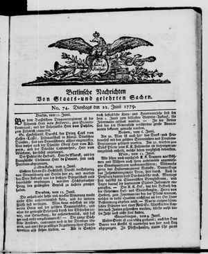 Berlinische Nachrichten von Staats- und gelehrten Sachen vom 22.06.1779