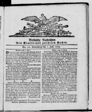 Berlinische Nachrichten von Staats- und gelehrten Sachen vom 01.07.1779
