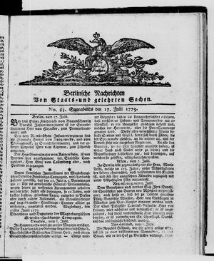 Berlinische Nachrichten von Staats- und gelehrten Sachen on Jul 17, 1779
