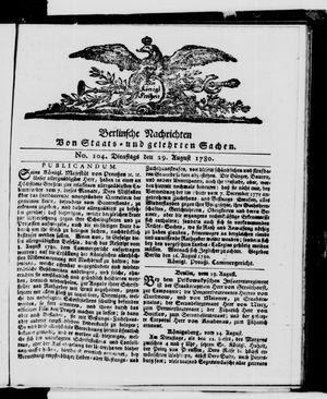 Berlinische Nachrichten von Staats- und gelehrten Sachen vom 29.08.1780