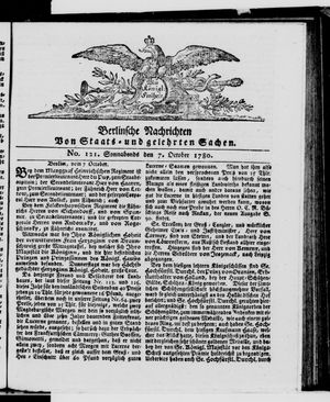 Berlinische Nachrichten von Staats- und gelehrten Sachen vom 07.10.1780