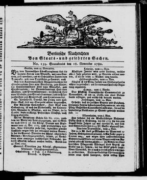 Berlinische Nachrichten von Staats- und gelehrten Sachen vom 18.11.1780