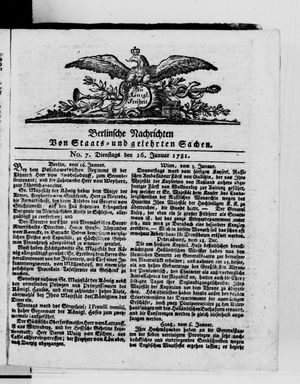 Berlinische Nachrichten von Staats- und gelehrten Sachen vom 16.01.1781