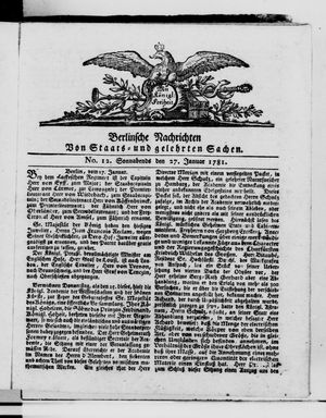Berlinische Nachrichten von Staats- und gelehrten Sachen vom 27.01.1781