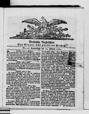 Berlinische Nachrichten von Staats- und gelehrten Sachen vom 22.02.1781