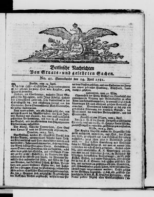 Berlinische Nachrichten von Staats- und gelehrten Sachen vom 14.04.1781