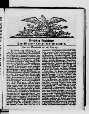 Berlinische Nachrichten von Staats- und gelehrten Sachen vom 28.04.1781