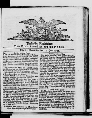 Berlinische Nachrichten von Staats- und gelehrten Sachen vom 14.06.1781