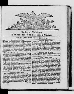 Berlinische Nachrichten von Staats- und gelehrten Sachen vom 16.06.1781