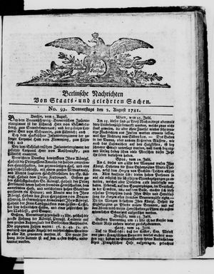 Berlinische Nachrichten von Staats- und gelehrten Sachen vom 02.08.1781