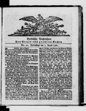Berlinische Nachrichten von Staats- und gelehrten Sachen vom 09.08.1781