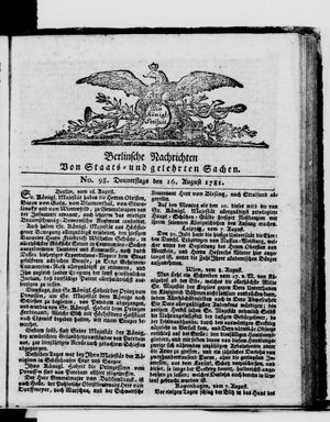 Berlinische Nachrichten von Staats- und gelehrten Sachen vom 16.08.1781