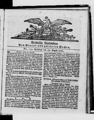 Berlinische Nachrichten von Staats- und gelehrten Sachen vom 28.08.1781