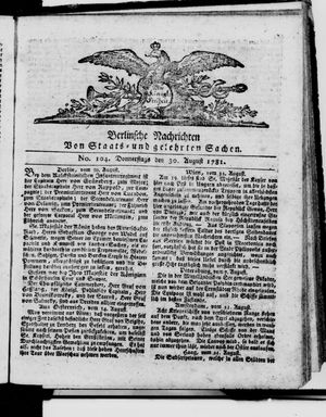 Berlinische Nachrichten von Staats- und gelehrten Sachen vom 30.08.1781