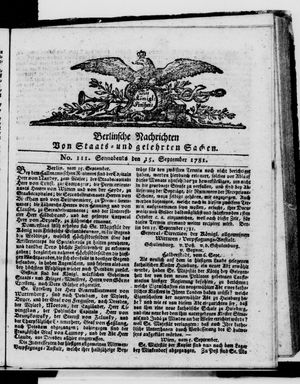 Berlinische Nachrichten von Staats- und gelehrten Sachen vom 15.09.1781