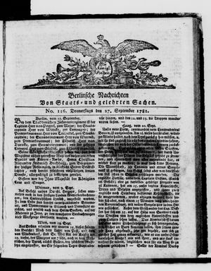 Berlinische Nachrichten von Staats- und gelehrten Sachen vom 27.09.1781